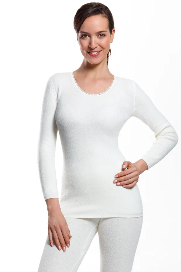 Outlet %100 Angora Doğal Termal Uzun Kollu Yakası İşlemeli Fanila İçlik Kadın