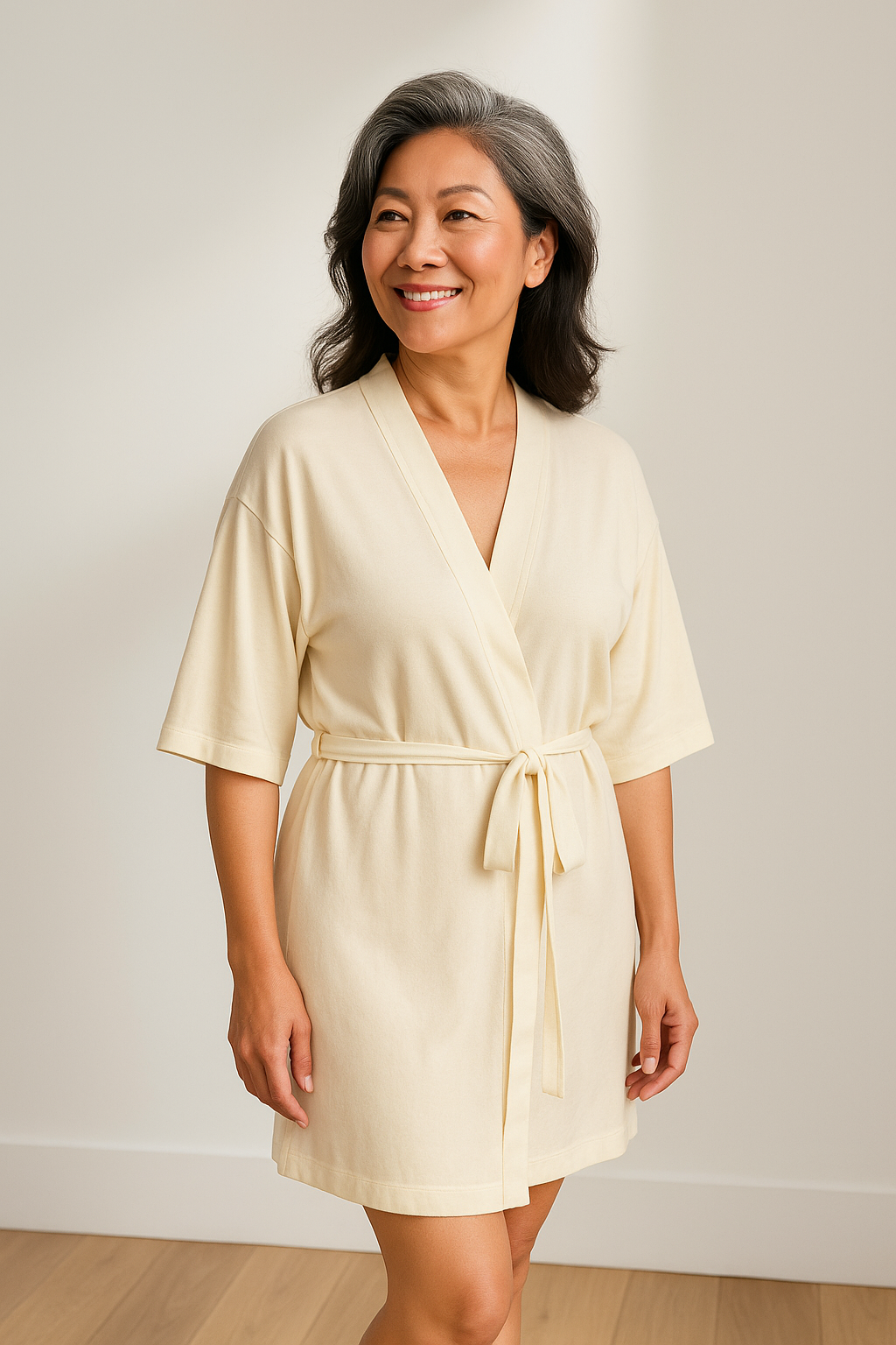 Silverlyne Angel | Doğal Tencel Kısa Kollu Sabahlık Kadın Bej