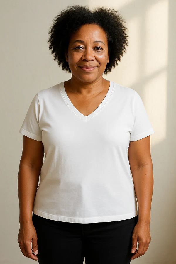 Silverlyne Doğal Tencel Kısa Kollu V Yaka T-Shirt Kadın Beyaz