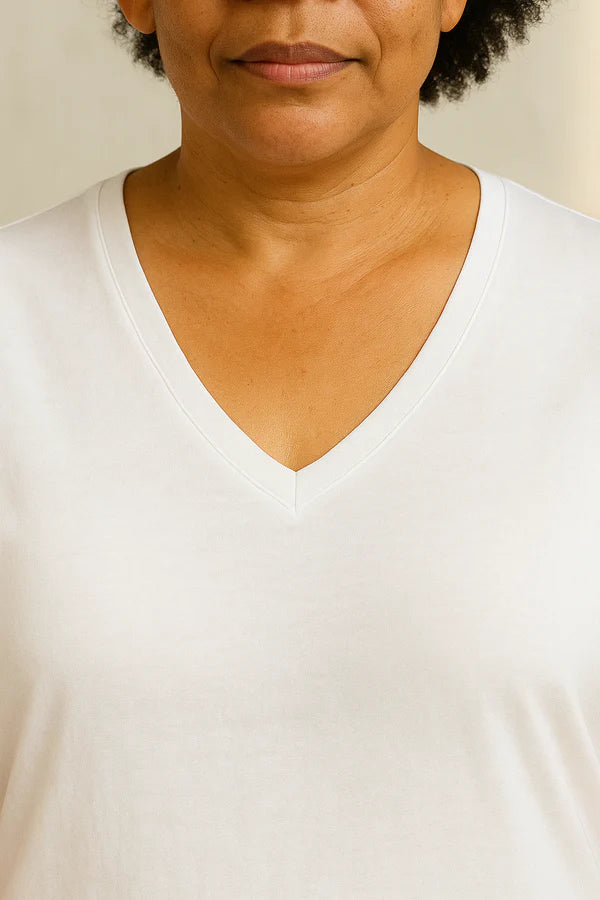 Silverlyne Doğal Tencel Kısa Kollu V Yaka T-Shirt Kadın Beyaz