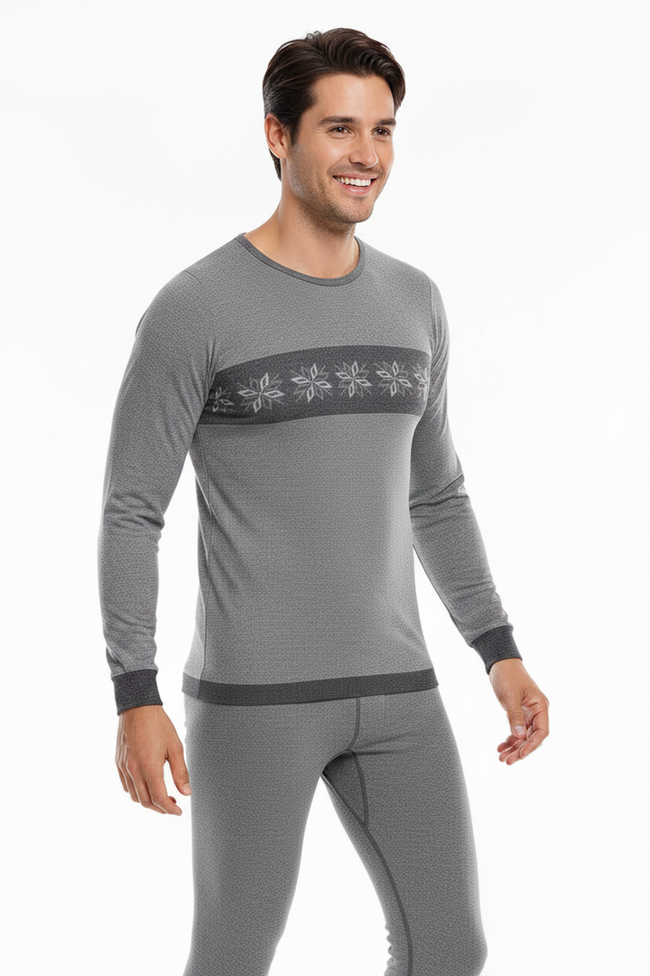 Angora Yünü Yıldız Desenli Gri Unisex Uzun Kollu Sportif Body Tişört