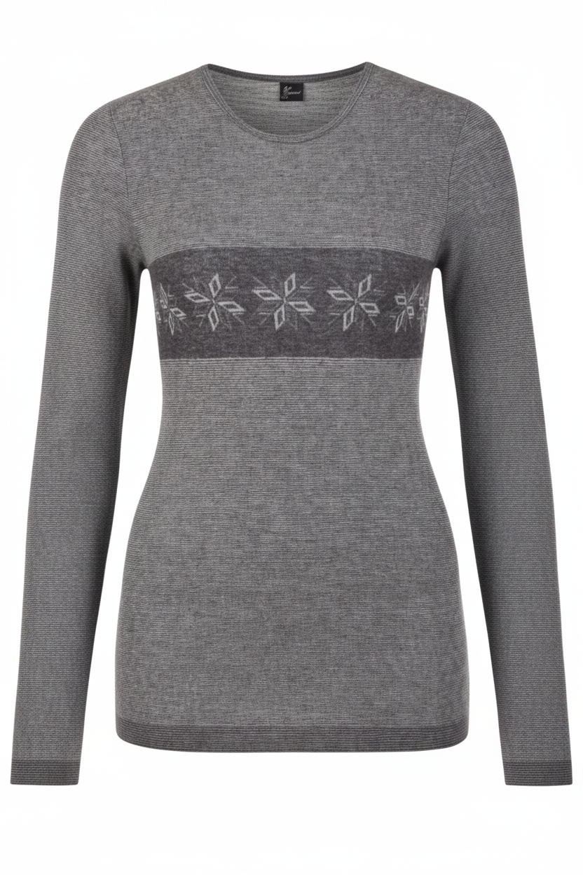 Angora Yünü Yıldız Desenli Gri Unisex Uzun Kollu Sportif Body Tişört