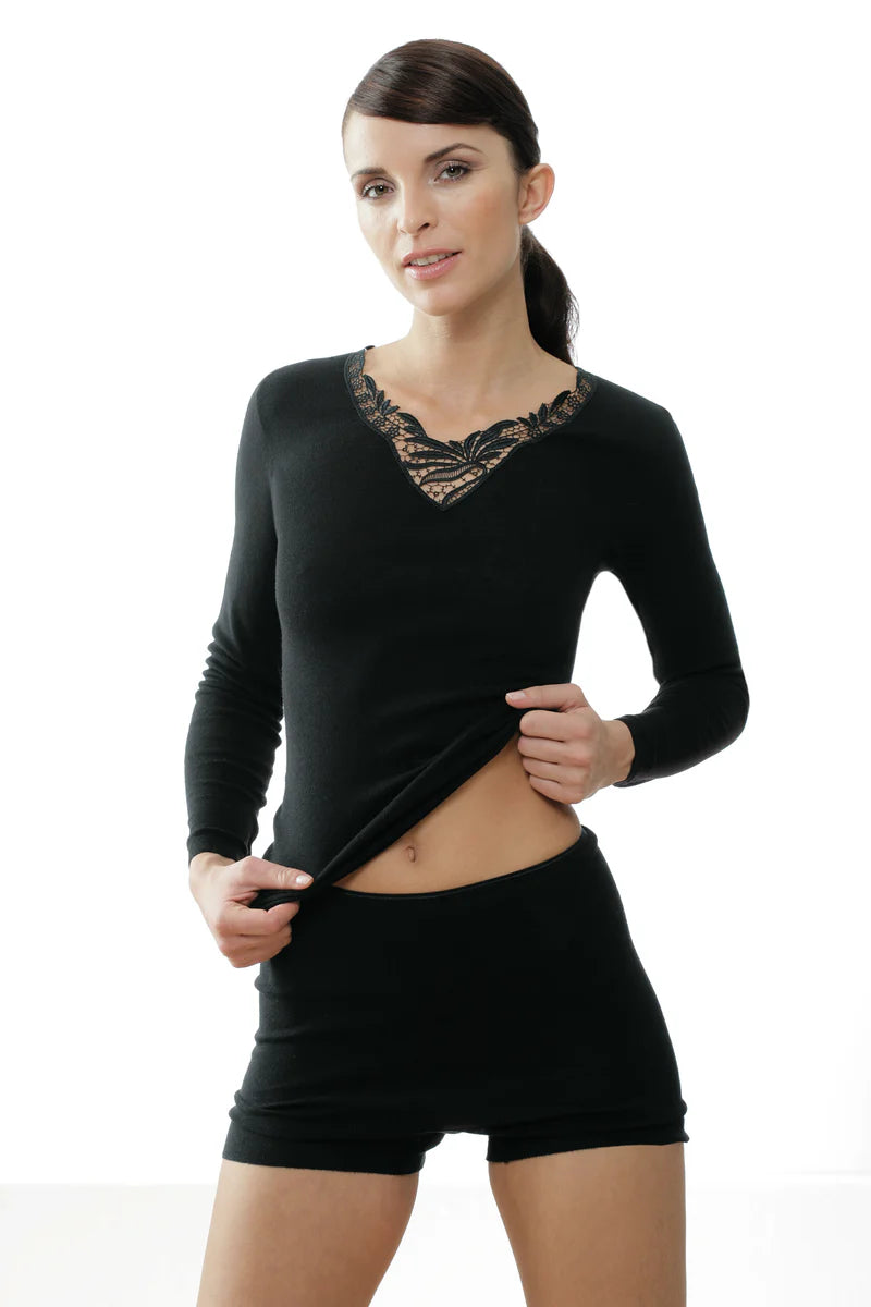 Yün & Angora Karışımı Doğal Termal Yakası Dantelli Uzun Kollu İçlik Kadın Outlet Siyah