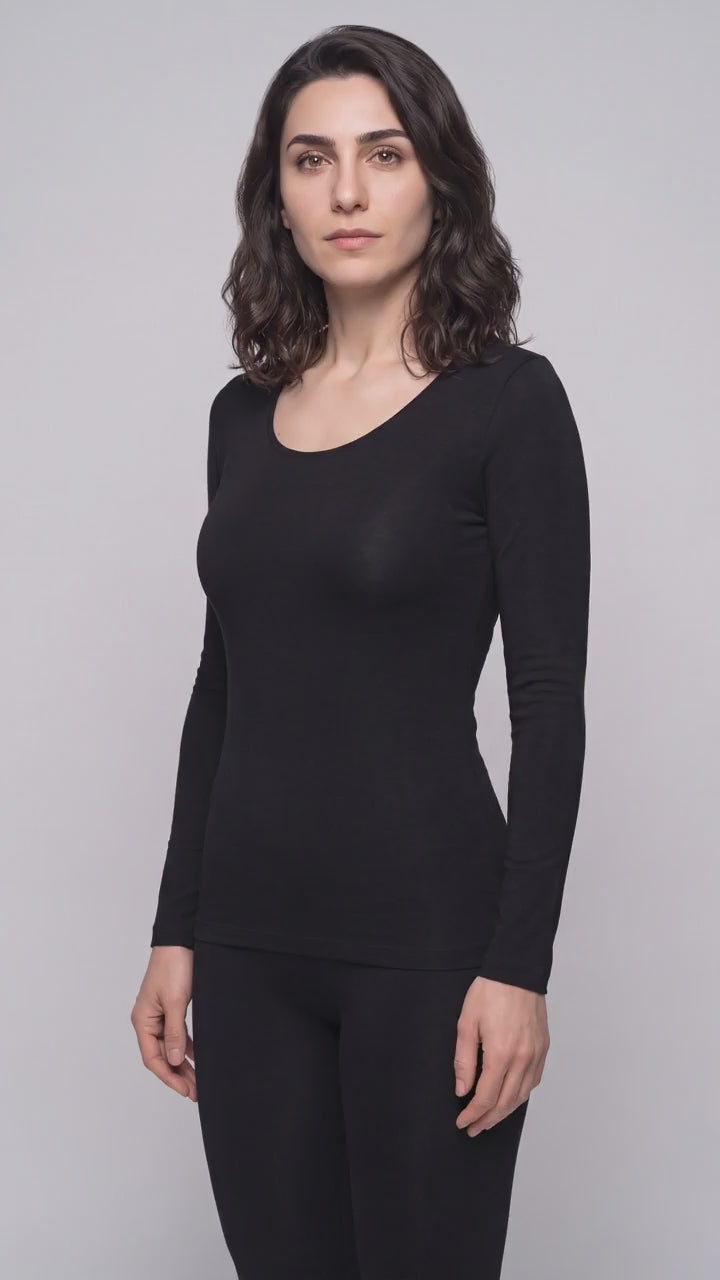 Yün &amp; Angora Karışımı Doğal Termal Bisiklet Yaka Uzun Kollu Siyah İçlik Kadın Outlet